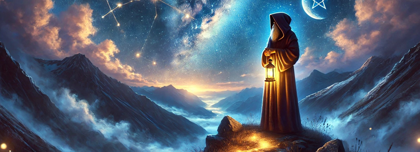 The Hermit Tarot Card stands on a mountain at night, holding a glowing lantern. The number 9 subtly appears in the starry sky, symbolizing wisdom, completion, and spiritual enlightenment.