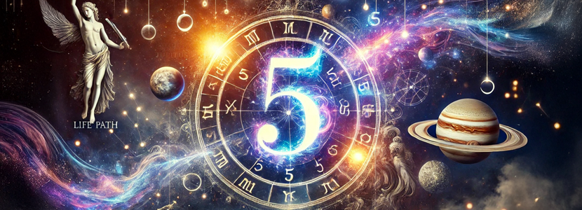 A celestial digital artwork illustrating the connection between Life Path Number 5 and astrology. The number 5 glows in a mystical cosmic setting, surrounded by Mercury and Jupiter, representing its resonance with Gemini and Sagittarius. Ethereal energy flows between the planets, creating a sense of movement, freedom, and expansion. The background features constellations, astrological charts, and swirling cosmic light, evoking a deeper, holistic understanding of destiny.