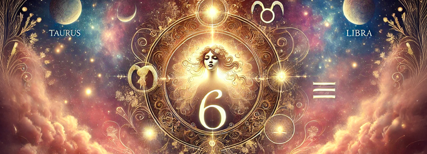 A celestial-themed digital banner illustrating the connection between Life Path Number 6 and Astrology. Venus glows at the center, radiating love and harmony, with the astrological symbols for Taurus and Libra softly illuminated. The number '6' is elegantly woven into intricate floral and artistic patterns, symbolizing beauty, balance, and nurturing energy.