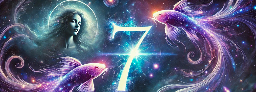 A mystical 16:9 banner with a glowing number 7 at the center, surrounded by two ethereal Pisces fish swimming in opposite directions. The cosmic background in deep blues and purples features stars, nebulas, and flowing water elements, symbolizing intuition, Neptune’s influence, and spiritual wisdom.