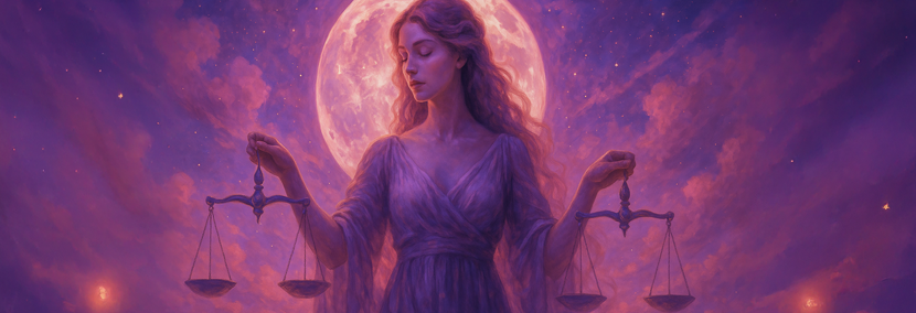 Dreamy fantasy-style illustration of a serene woman holding Libra scales under a glowing full moon, with flowing lavender gown and celestial sky in purples and pinks.