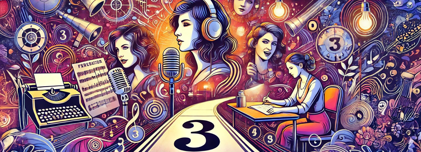 Vibrant banner depicting ideal career paths for Life Path Number 3 in numerology. Features women in creative roles such as a radio broadcaster, actor, singer, comedian, novelist, and counselor, with artistic elements like musical notes, a typewriter, and a theatrical mask.