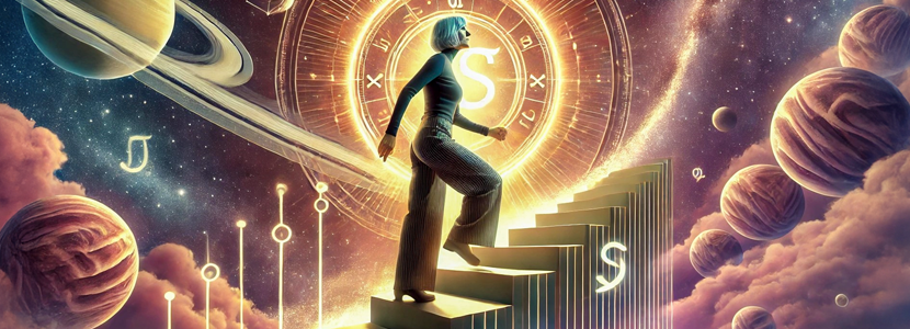 A mature, determined woman in practical attire climbs a glowing stairway under Saturn&rsquo;s cosmic glow, symbolizing perseverance, structure, and Life Path Number 4&rsquo;s disciplined energy.
