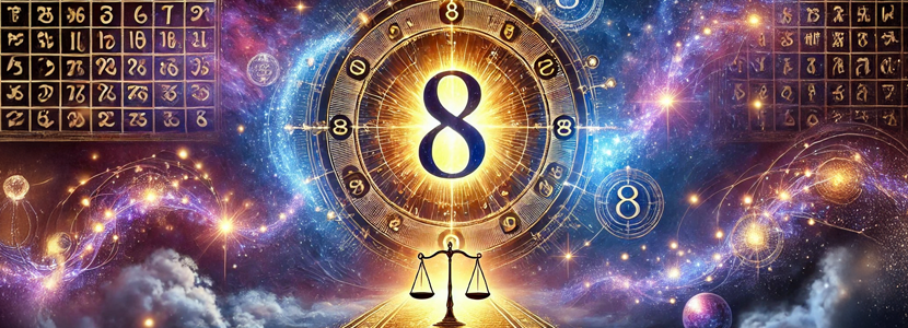 Glowing number 8 surrounded by cosmic energy, a radiant birth chart, and a golden balance scale, symbolizing numerology’s karmic principle of cause and effect in financial and material matters.