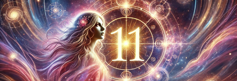 Visionary digital artwork of a glowing number '11' radiating golden light in a cosmic dreamscape. A powerful woman with flowing hair and piercing eyes gazes into the horizon, symbolizing wisdom, intuition, and higher consciousness. The background features swirling galaxies, sacred geometry, and celestial energy.
