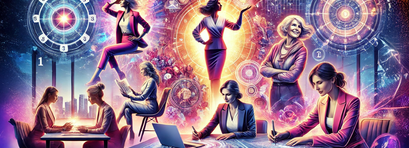 Banner featuring confident, mature women in leadership roles, including an entrepreneur, CEO, engineer, sports coach, influencer, and inventor, set against a modern, empowering background.