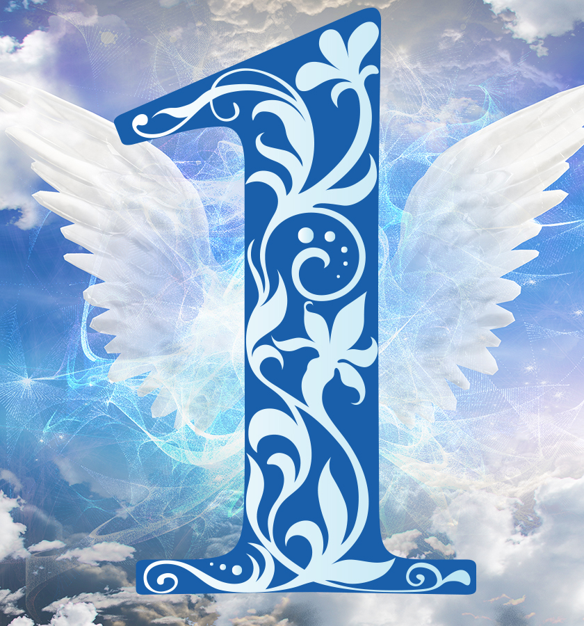 filigree number 1 in blue on angel wings in the sky