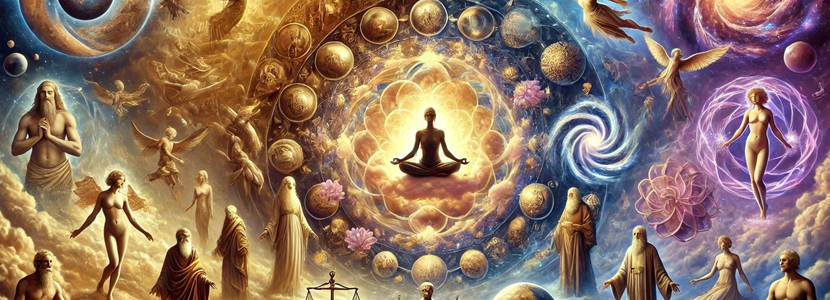 Renaissance-style artwork depicting a meditative figure surrounded by ethereal beings and past-life figures, symbolizing altered states of consciousness, reincarnation, and balance in life. A cosmic spiral represents the cycle of rebirth and enlightenment.