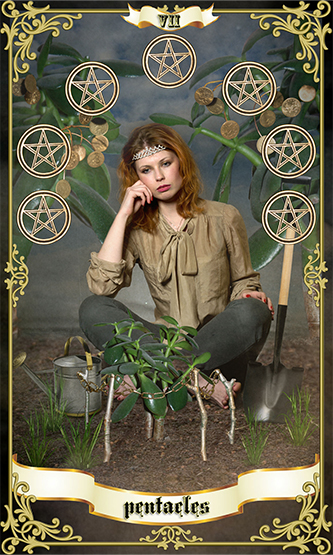 Seven of Pentacles tarot card showing a woman reflecting beside a growing plant, symbolizing patience, investment and long-term rewards for Leo Monthly Horoscope