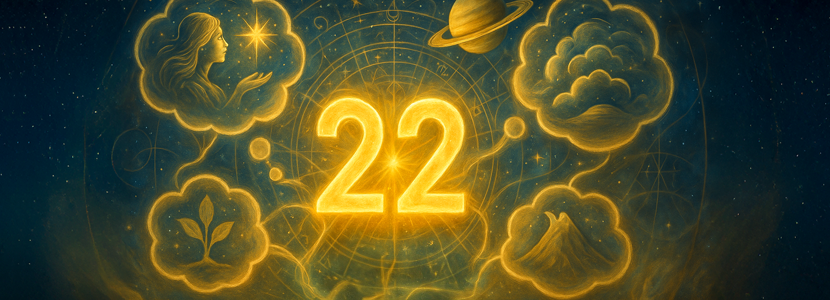 Mystical digital artwork blending numerology and astrology, featuring the glowing number 22 surrounded by zodiac symbols, sacred geometry, and cosmic patterns — symbolizing structure, ambition, and spiritual purpose aligned with Saturn and Earth sign energies