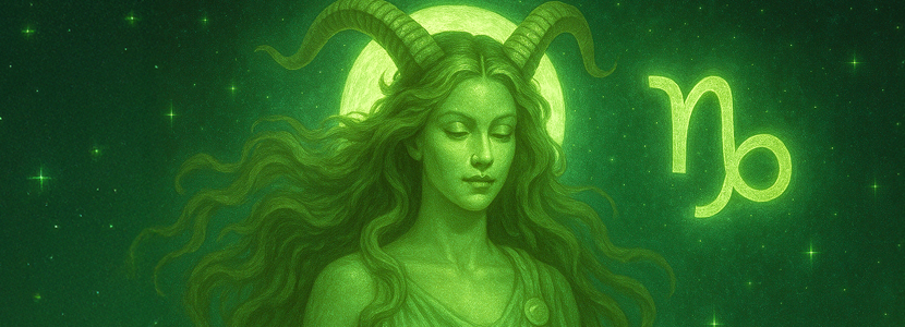 Ethereal Capricorn goddess with soft green highlights, moonlit backdrop, Capricorn symbol, and radiant energy surrounded by stars.