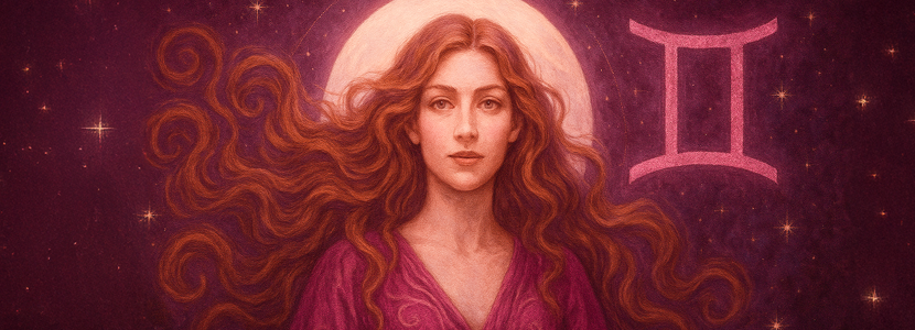 Artistic portrait of a graceful woman in shades of pink and purple symbolizing Gemini. Twin energy reflected in swirling hair under a full moon with Gemini zodiac glyph beside her.