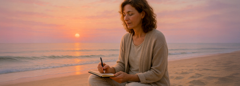 Woman sitting on a sandy beach at sunrise, peacefully writing in a journal, symbolizing reflection, self-love, and acceptance.