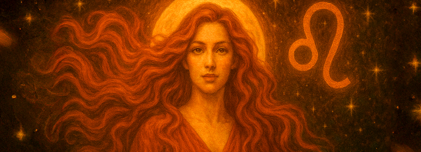 Fiery portrait of a radiant woman embodying Leo zodiac energy. Surrounded by golden-orange hues, a full moon halo, and Leo’s astrological symbol in the starry sky.