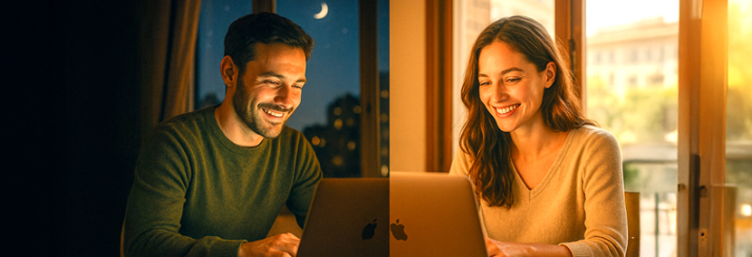 Split-screen image of a smiling man and woman video chatting on laptops from different locations, the man in a cozy night setting with a crescent moon in the sky, and the woman in a bright sunlit room, symbolizing connection across time zones.
