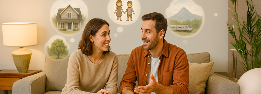 Couple sitting on a sofa discussing their future, with thought bubbles showing dreams of a home, family, and travel — representing typical Master Number 22s in numerology, the visionary builders of life.