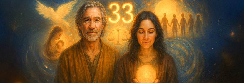 Realistic digital artwork of an elderly man and woman representing Master Number 33 in numerology, standing side by side in a vibrant celestial setting. The man wears a soft blue robe, and the woman holds a glowing golden orb, dressed in purple. Surrounding them are mystical symbols including a radiant dove, balanced scales, and scenes of nurturing and community, all set against a cosmic background of swirling golds and blues.
