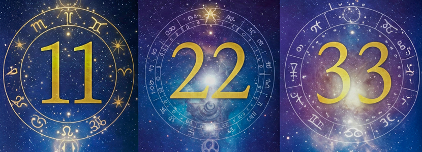 Mystical banner showcasing the Master Numbers11, 22 and 33 in numerology. A golden circular frame surrounds the numbers, incorporating zodiac symbols and mystical elements.