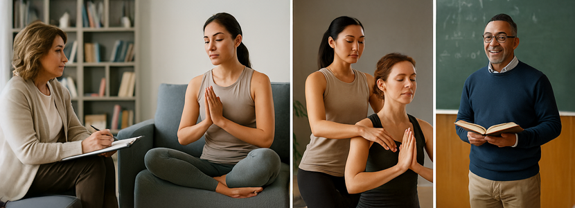 Three-panel collage showing Master Number 33 career paths: a therapist taking notes with a client, a woman meditating in a yoga pose, a healer placing hands on another during a session, and a smiling male teacher holding an open book in front of a chalkboard.