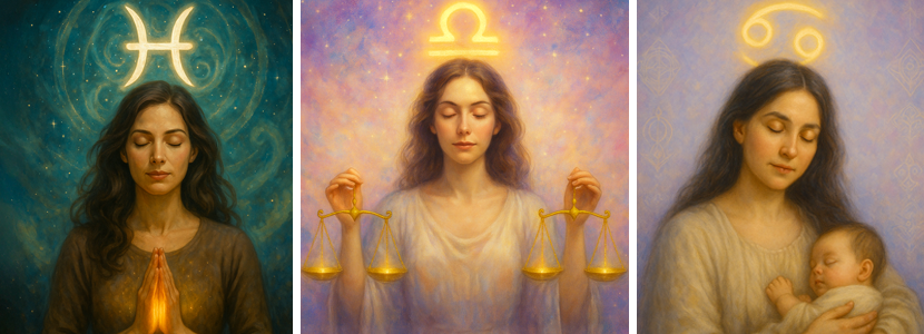 Banner featuring symbolic portraits of Pisces, Libra, and Cancer - three zodiac signs aligned with Master Number 33&mdash;showing a meditative empath, a peaceful woman with golden scales, and a nurturing mother holding a baby.