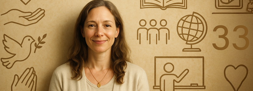 Smiling woman standing in front of symbolic icons representing peace, teaching, and global unity, with the number 33 highlighting her as a Master Teacher in numerology.