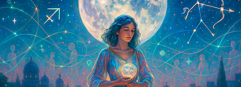Surreal illustration of a woman symbolizing Aquarius holding a glowing orb beneath the Full Moon in Sagittarius, surrounded by constellations, Sagittarius glyphs, and abstract light waves over a mystical cityscape.