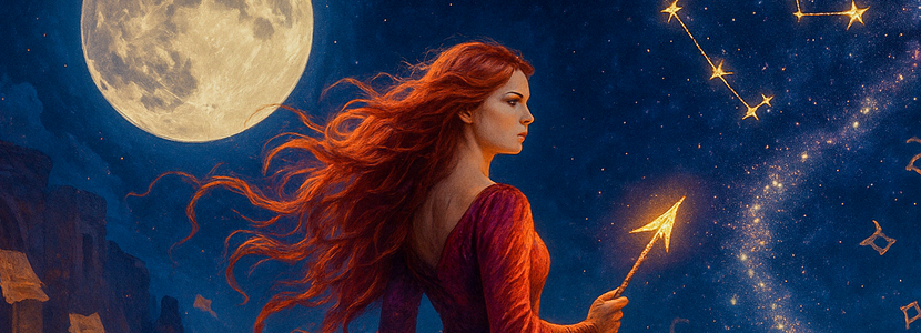 Illustration of a fiery-haired woman in red holding a glowing arrow under the Full Moon in Sagittarius, with the Sagittarius constellation shining in the night sky.