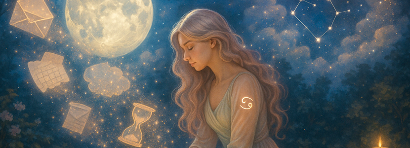 Dreamy illustration of a woman symbolizing Cancer under a glowing Full Moon in Sagittarius, surrounded by floating icons of letters, calendars, hourglasses, and clouds, with the Cancer glyph glowing on her shoulder in a starlit sky.