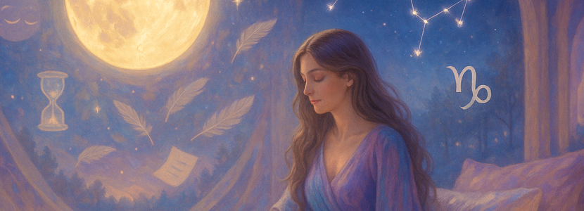 Peaceful illustration of a woman symbolizing Capricorn sitting in reflection under the Full Moon in Sagittarius, surrounded by glowing feathers, an hourglass, floating paper, and the Capricorn glyph beneath a starlit sky.