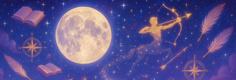 Celestial artwork of the Full Moon in Sagittarius with a golden centaur archer constellation, floating books, feathers, and compass symbols in a star-filled night sky.