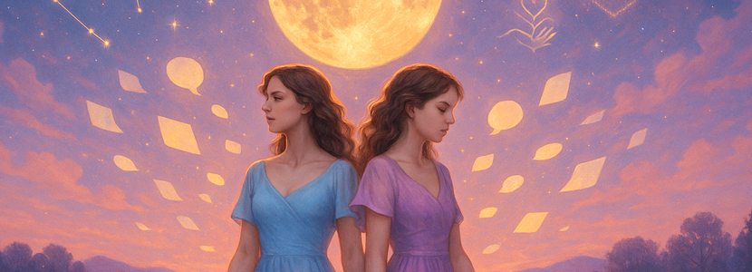 Surreal illustration of twin women representing Gemini standing back-to-back beneath a glowing Full Moon in Sagittarius, surrounded by floating speech bubbles, papers, and celestial symbols in a dreamy sunset sky.
