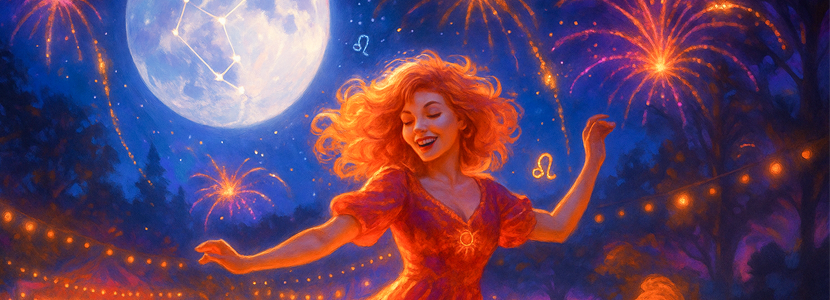 Vibrant illustration of a joyful woman representing Leo dancing under the Full Moon in Sagittarius, with fireworks, string lights, and the Leo glyph glowing in a lively night sky.