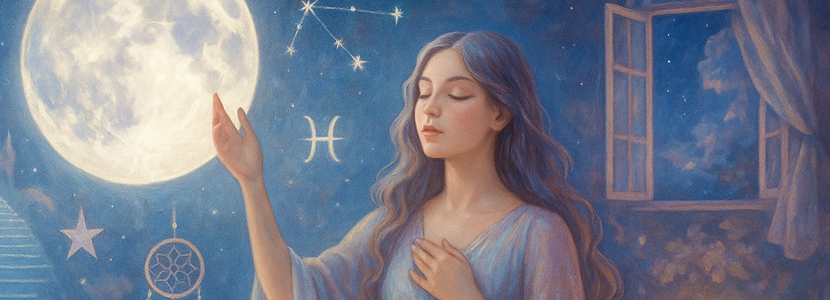Serene illustration of a woman representing Pisces standing beneath the Full Moon in Sagittarius, with celestial symbols, an open window, and a glowing Pisces glyph in a soft starry sky.