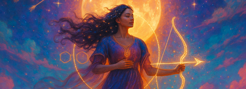 Powerful illustration of a woman representing Sagittarius standing beneath a glowing Full Moon, holding a radiant golden bow and arrow, with constellations and celestial patterns swirling in a vibrant twilight sky.