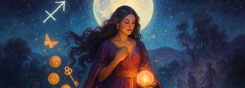 Mystical illustration of a woman representing Scorpio holding a glowing orb beneath the Full Moon in Sagittarius, with coins, a key, and butterfly floating nearby, and the Sagittarius glyph shining in the starry night sky.