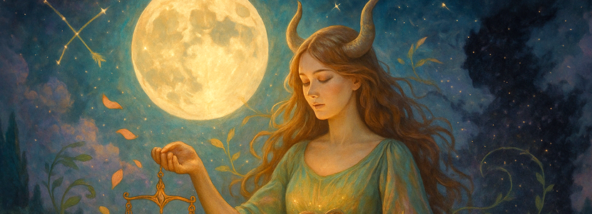 Ethereal illustration of a horned woman symbolizing Taurus under a glowing Full Moon in Sagittarius, holding golden scales with autumn leaves falling, surrounded by stars and celestial arrows.