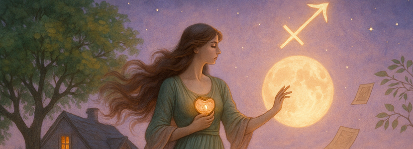 Gentle illustration of a woman symbolizing Virgo holding a glowing heart beneath the Full Moon in Sagittarius, with the Sagittarius glyph glowing above and papers floating in the evening sky near a cozy cottage.