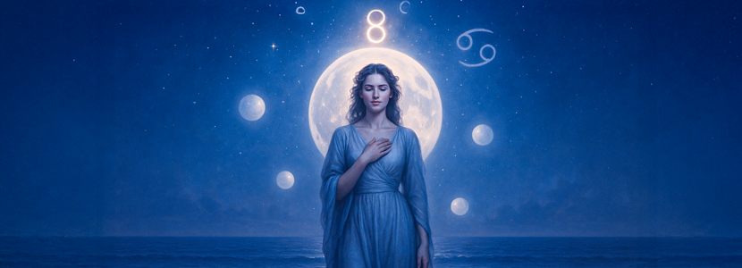 Surreal image of a serene Cancer zodiac goddess by the moonlit sea, symbolising emotional clarity and inner strength. Includes glowing planets, Justice tarot card reflection, and Cancer glyph in the stars