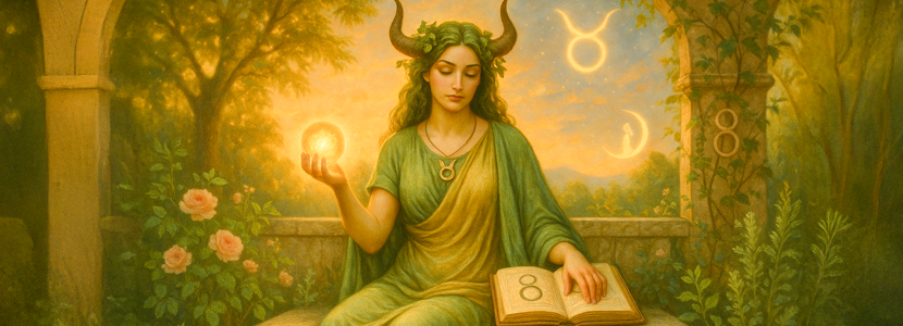 Earthy Taurus goddess seated in a tranquil garden at sunset, holding a glowing orb symbolising power and manifestation. Surrounded by flowers, magical tools and celestial symbols, she radiates calm, balance and grounded strength. August 2025 astrology theme
