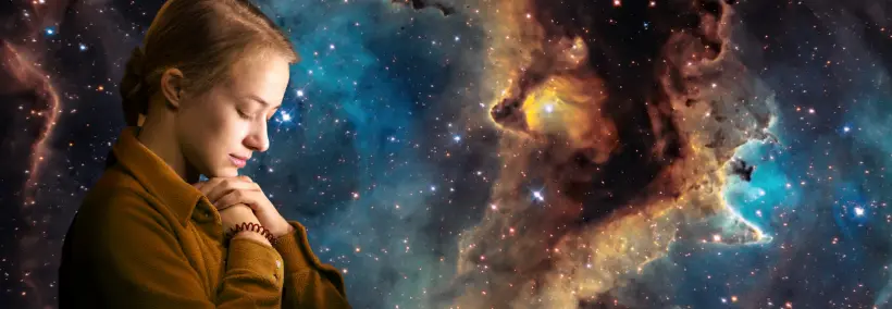 Woman and Lion in blue space