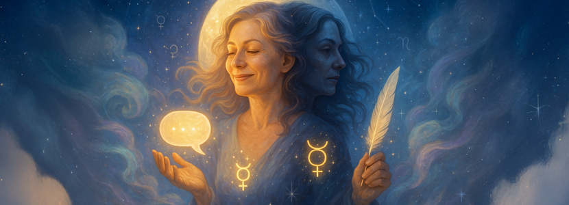 Mystical Gemini twin goddess floats under a glowing Moon, one face radiant, the other reflective. Surrounded by stars, Mercury symbols, and glowing speech bubbles, she represents intuition, communication, and cosmic duality.