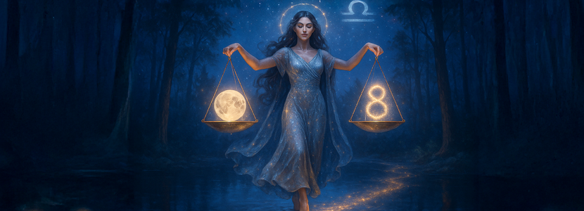 Mystical Libra goddess holding glowing cosmic scales with a full moon and radiant number 8, standing between reflection and forward movement under a starlit sky. A symbol of grace, intuition, and empowered balance.