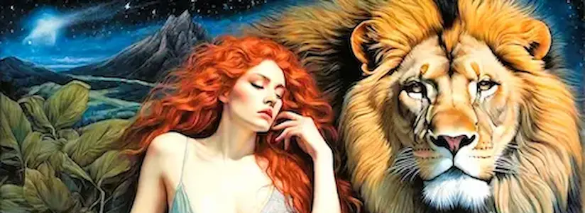 Red haired woman resting with lion