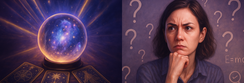 Split image showing a glowing crystal ball with tarot cards symbolizing psychic readings on the left, and a skeptical woman surrounded by question marks on the right, representing the debate on whether psychics are legit