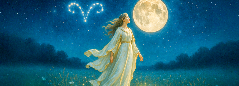 Graceful woman in white and gold robes beneath glowing Supermoon with Aries constellation in the sky, October 2025 horoscope.