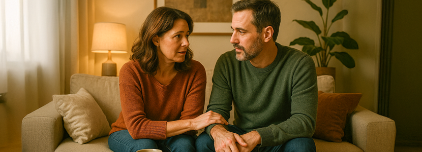 Couple sitting close together on a couch, leaning in with coffee mugs, having open and honest communication to repair a relationship