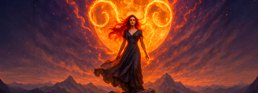 Powerful woman with flowing red hair under blazing Hunter’s Supermoon, Aries Full Moon October 2025.