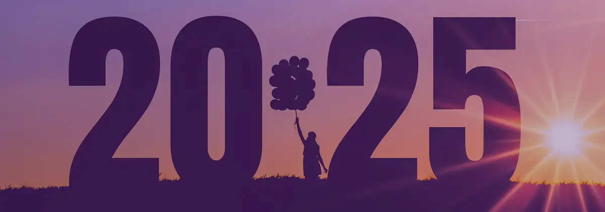 silhouette of the year 2025 with a woman holding balloons in the middle with the sun shining brightly in the background