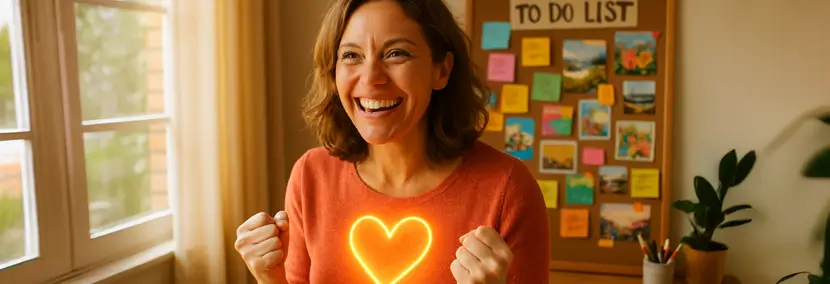 Smiling woman standing in front of her to-do list board, glowing heart light on her sweater symbolising renewed motivation, joy, and inspiration