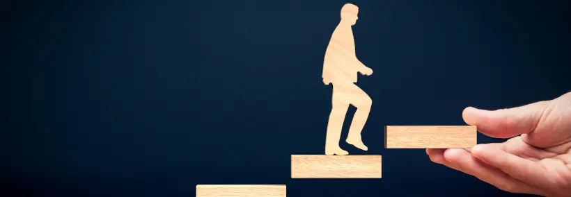 A cartooned illustration of a man going step-by-step upstairs